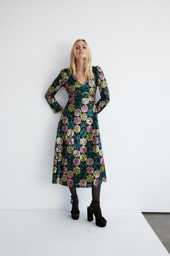 Warehouse Floral Sequin Puff Sleeve V Neck Midi Dress 1