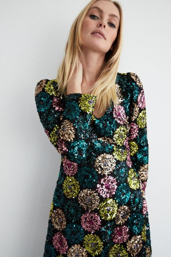Warehouse Floral Sequin Puff Sleeve V Neck Midi Dress 2