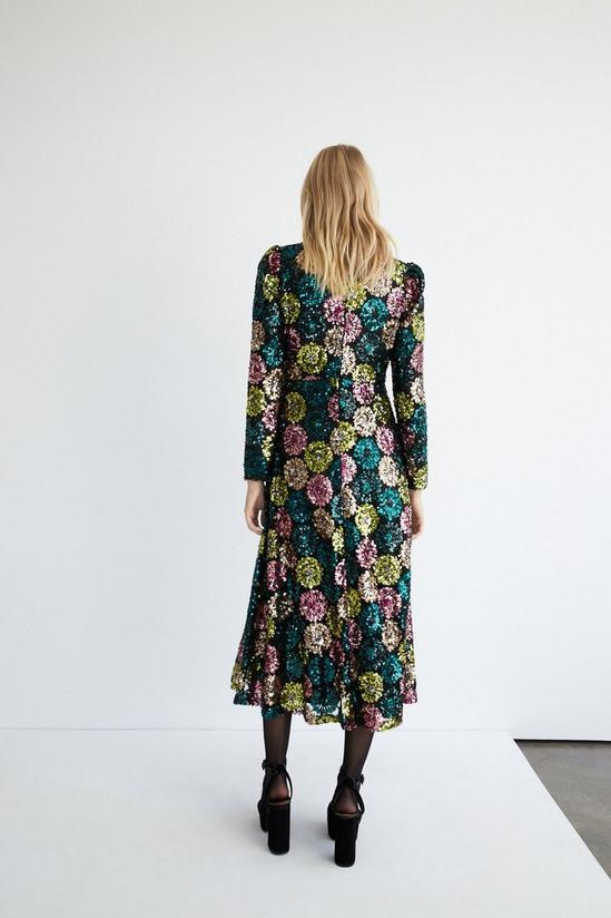 Warehouse Floral Sequin Puff Sleeve V Neck Midi Dress 3