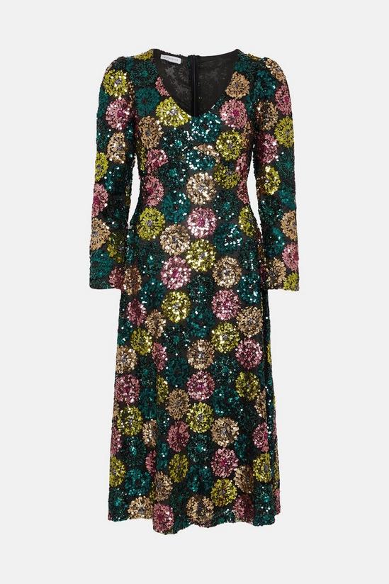 Warehouse Floral Sequin Puff Sleeve V Neck Midi Dress 4