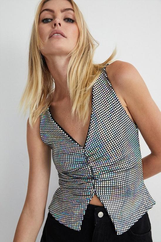 Warehouse Holographic Sequin Ruched V Neck Top 1
