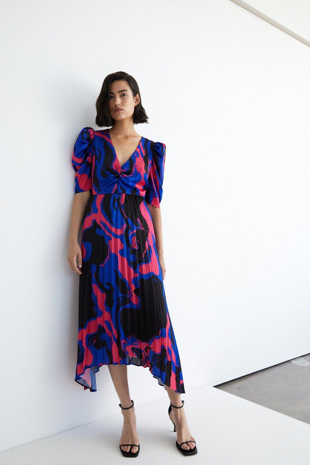 Womens Abstract Print Pleated Midi Dress - blue