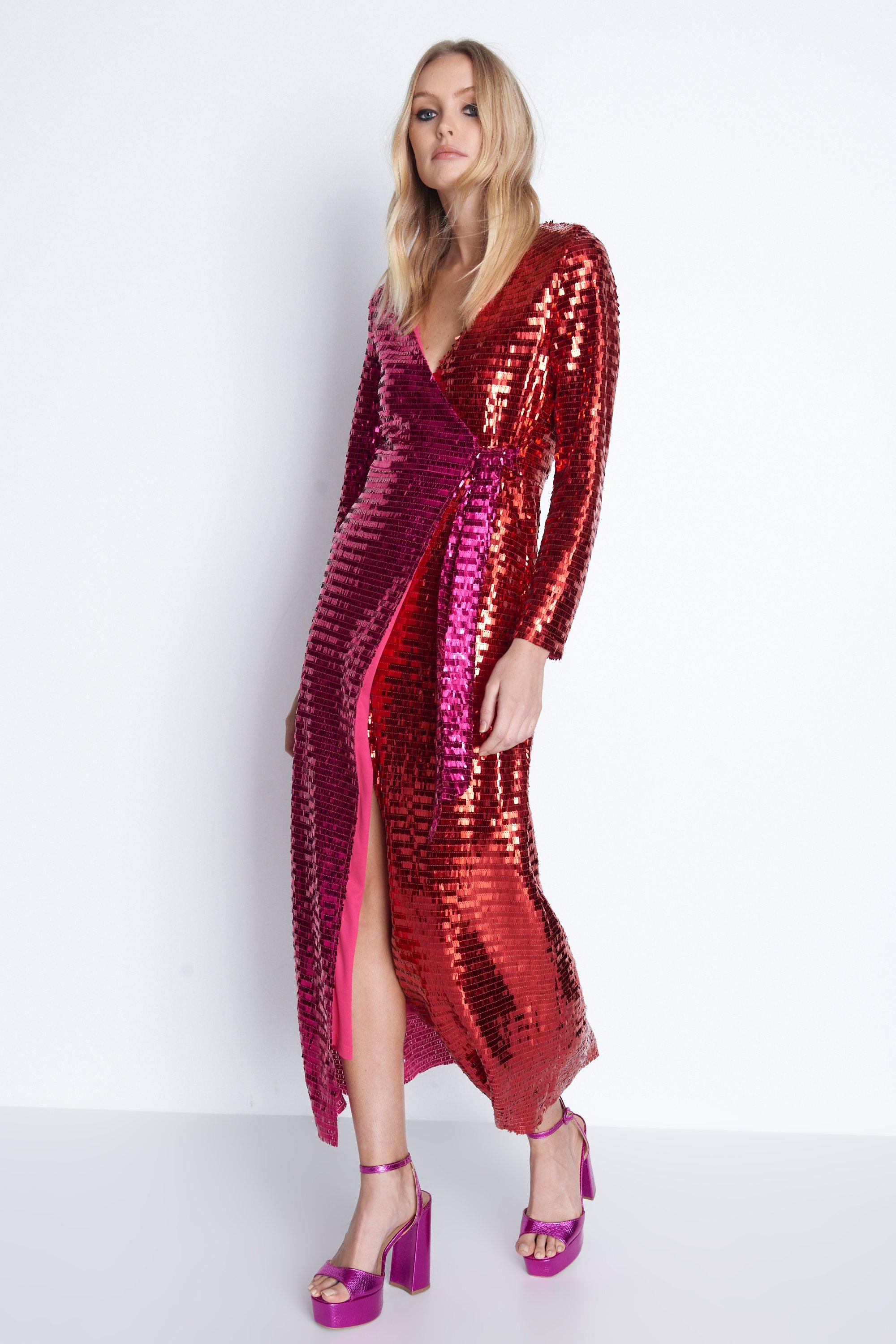 Womens Rectangle Sequin Wrap Midi Dress - pink