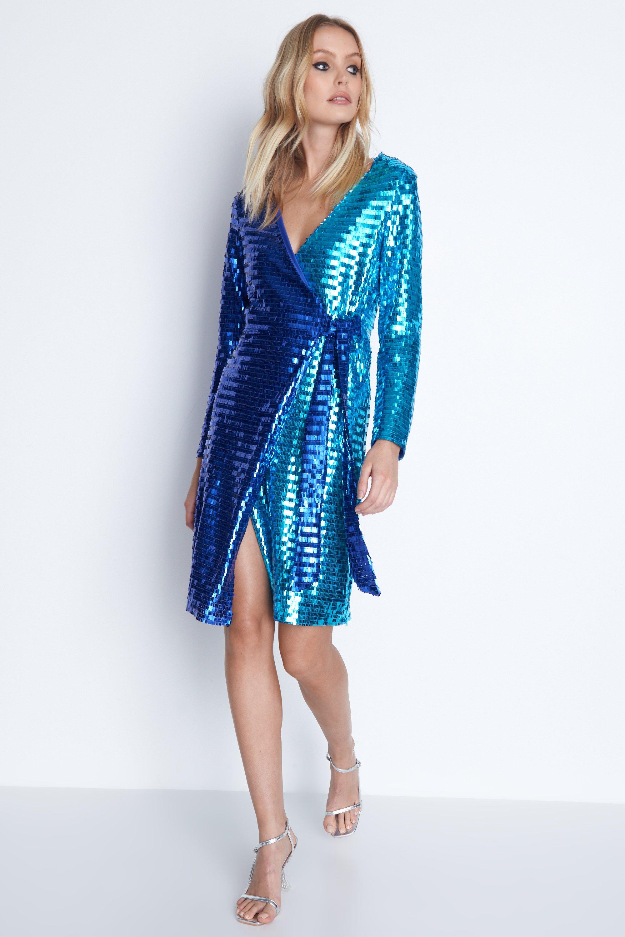 Womens Rectangle Sequin Wrap Mini Dress - blue