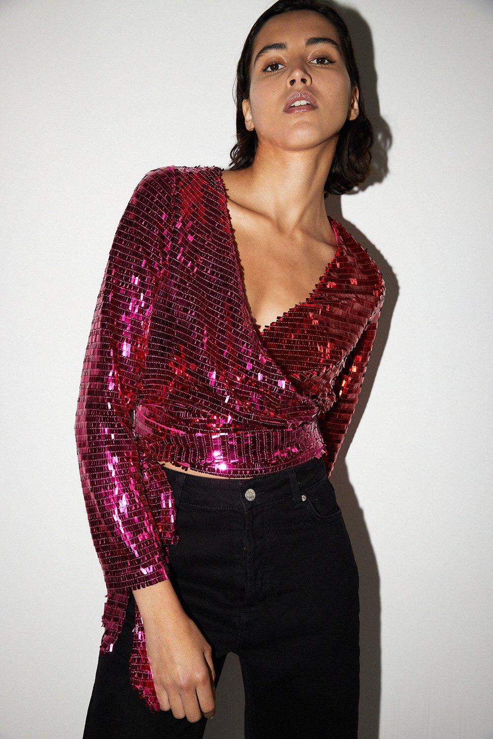 Womens Rectangle Sequin Wrap Top - pink