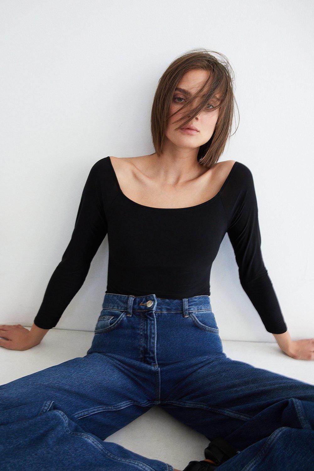 Womens Premium Slinky Double Layer Bardot Bodysuit - black