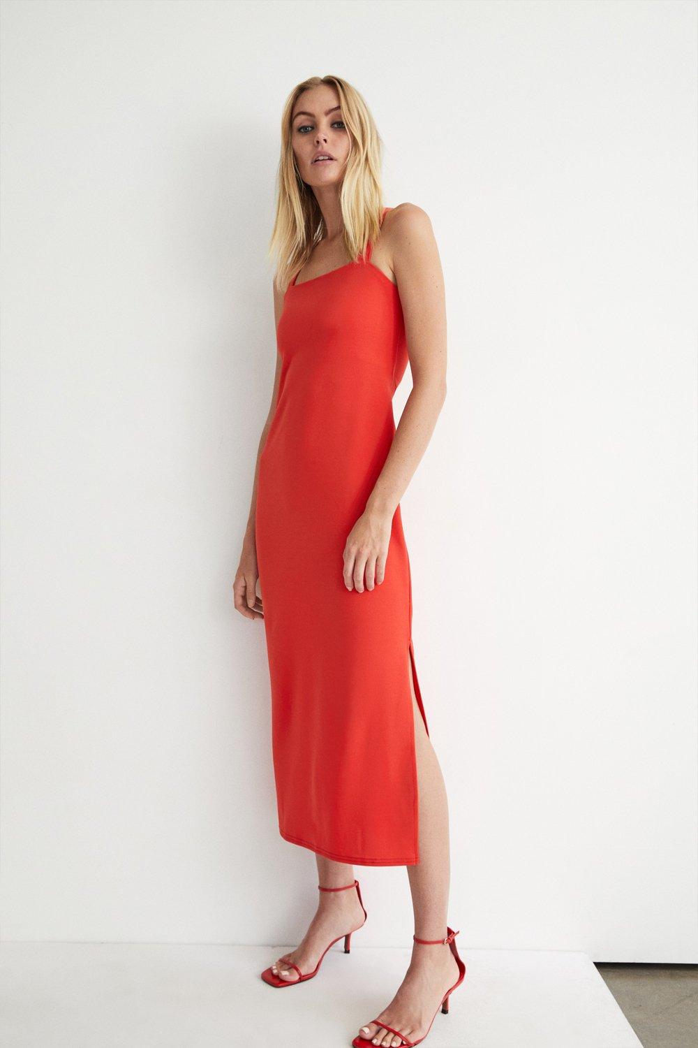 Womens Strappy Cross Back Jersey Crepe Midi Dress - red