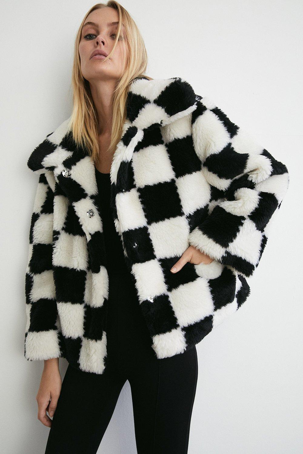 Checkered fur outlet coat