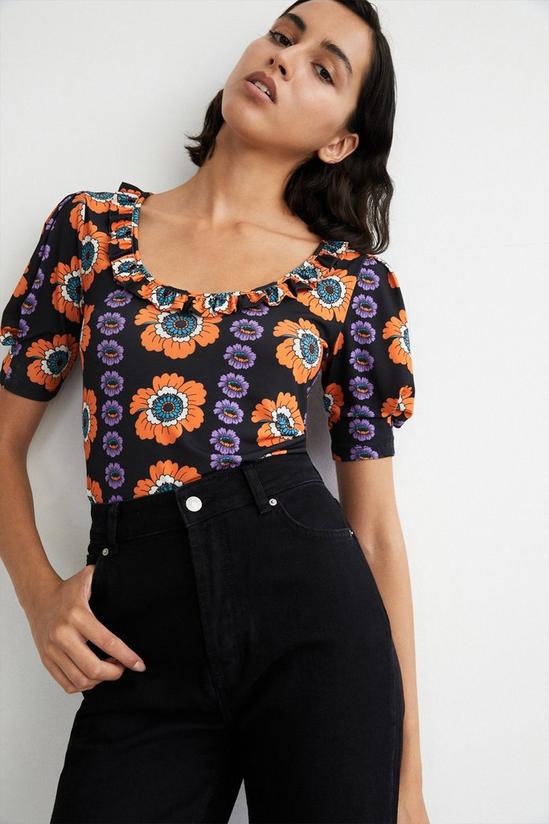 Warehouse Floral Placement Frill Neck Top 1