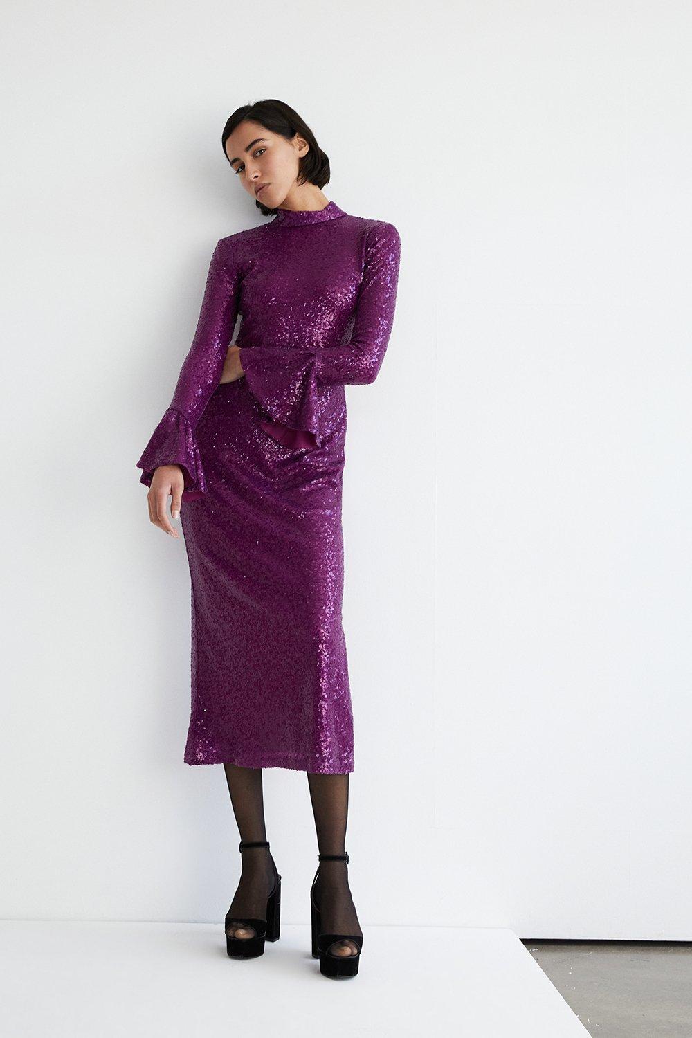 Womens Sequin Bell Sleeve Funnel Neck Midi Dress - purple