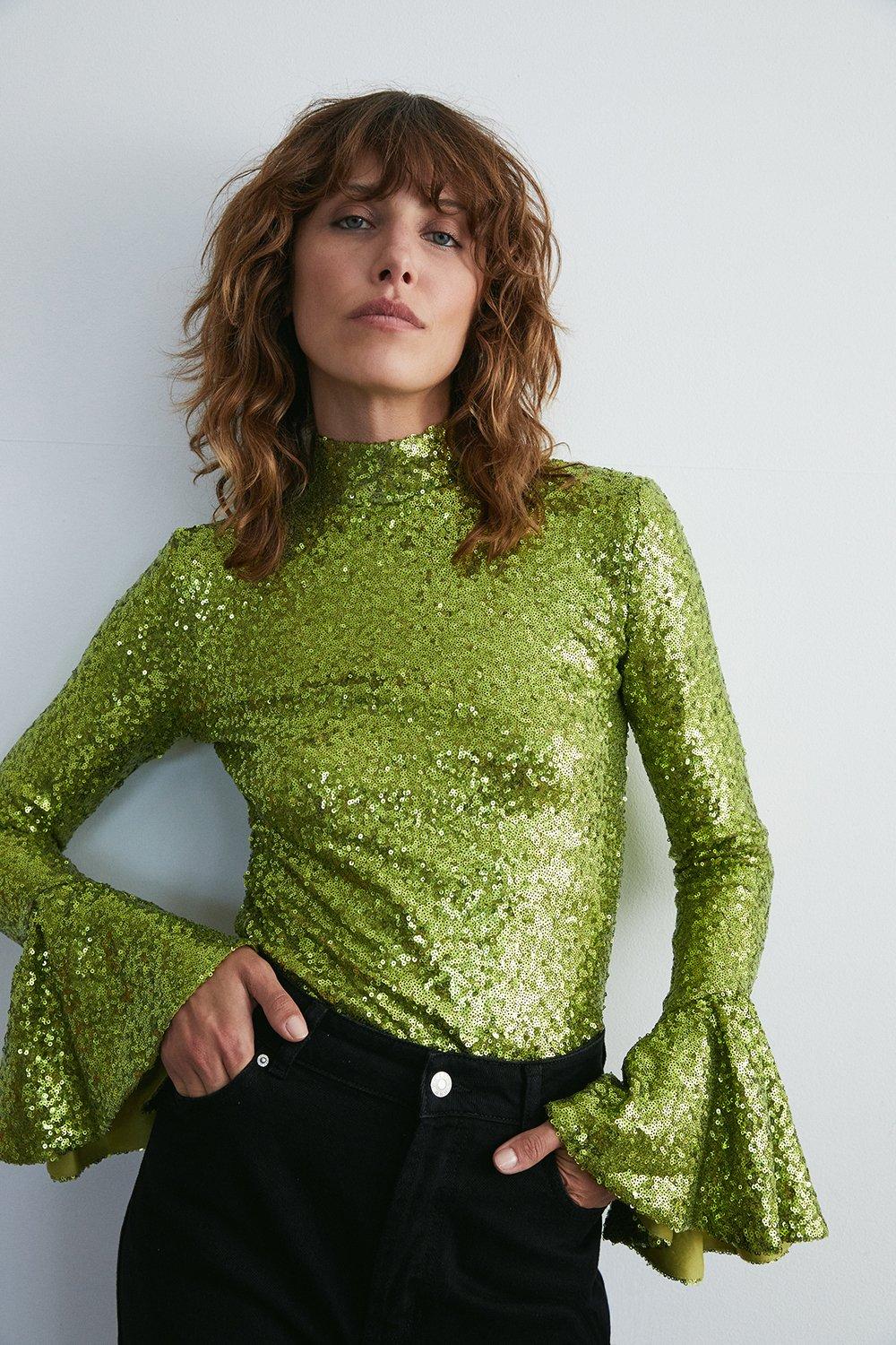 Warehouse sheer sleeve store sequin top