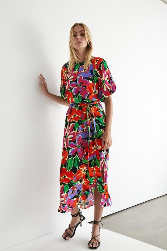 Warehouse Floral Volume Sleeve Belted Satin Midi Dress 1