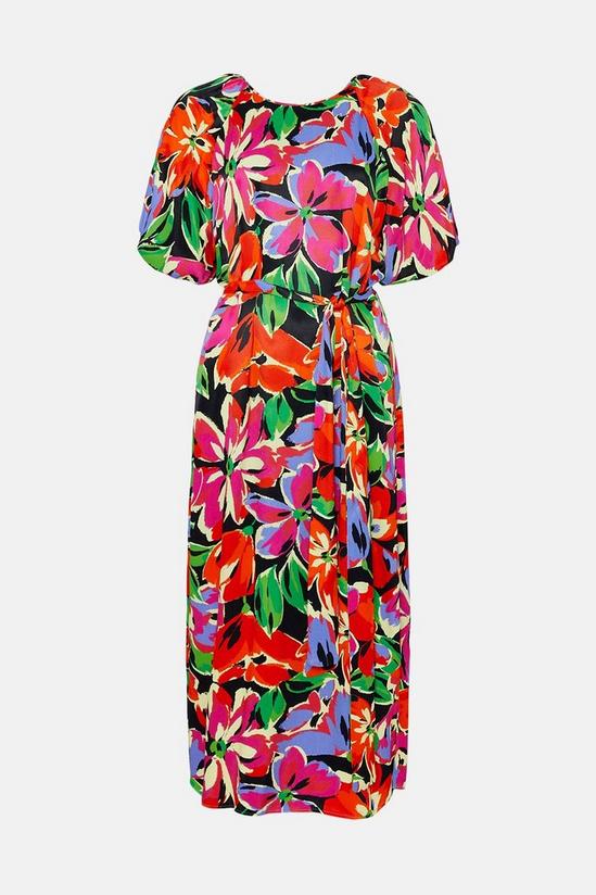 Warehouse Floral Volume Sleeve Belted Satin Midi Dress 4