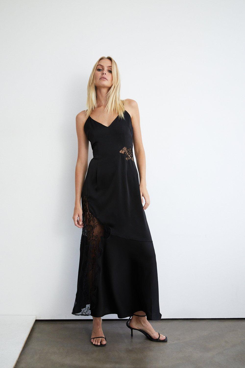 Womens Lace Insert Cami Midi Dress - black