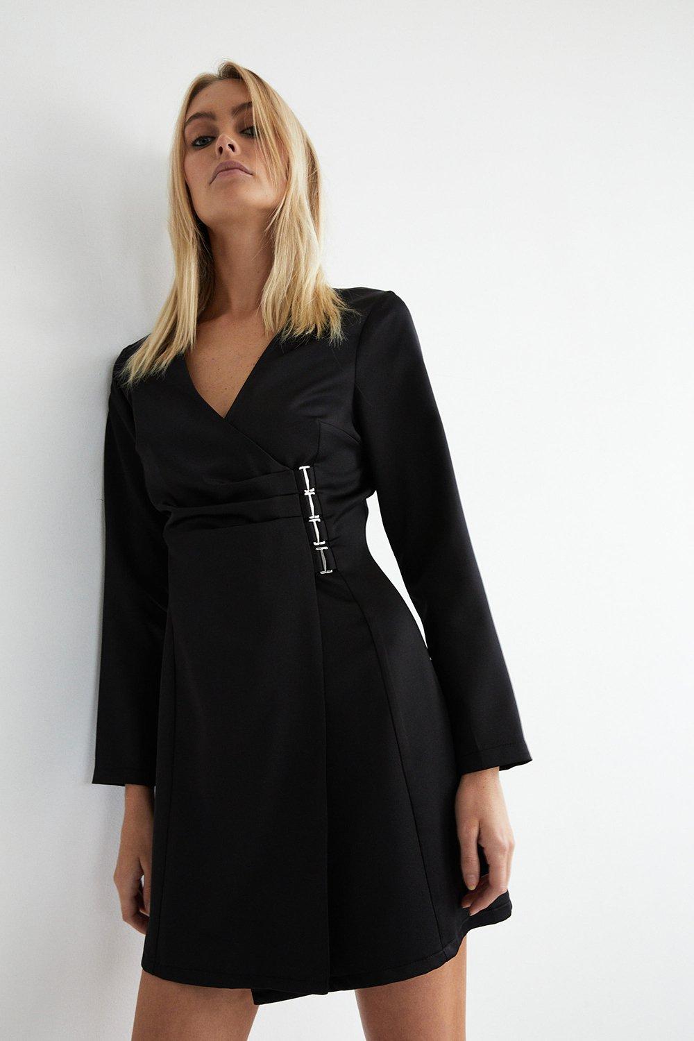 Womens Satin Wrap Buckle Detail Mini Dress - black