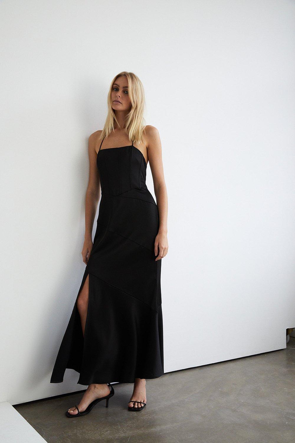 Womens Satin Corset Seam Detail Midi Dress - black