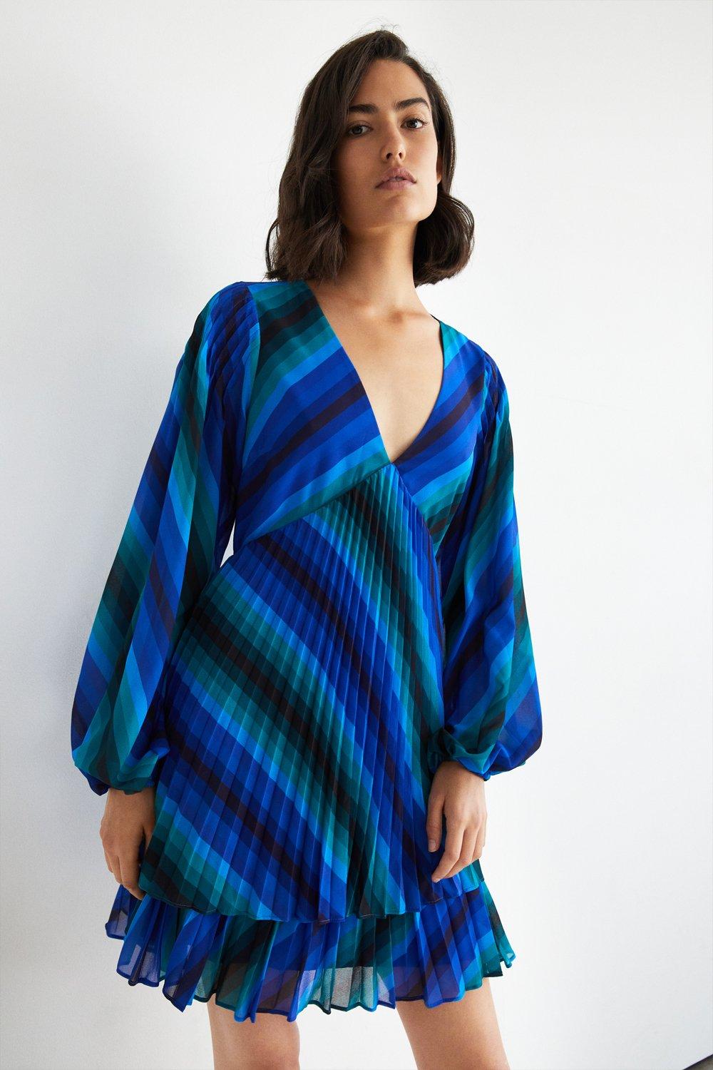 Womens Stripe Pleated Tiered Mini Dress - blue