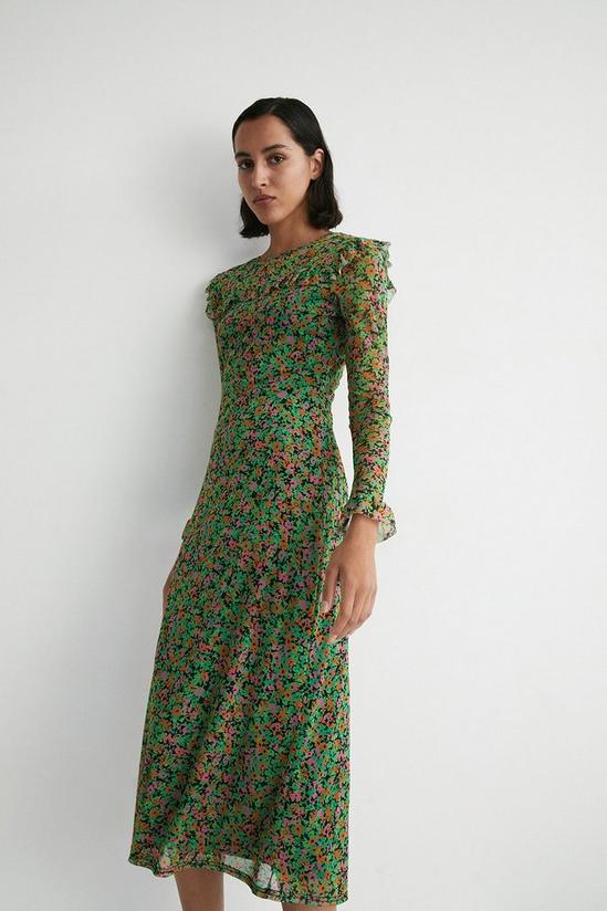 Warehouse Floral Mesh Ruffle Yoke Long Sleeve Midi Dress 1