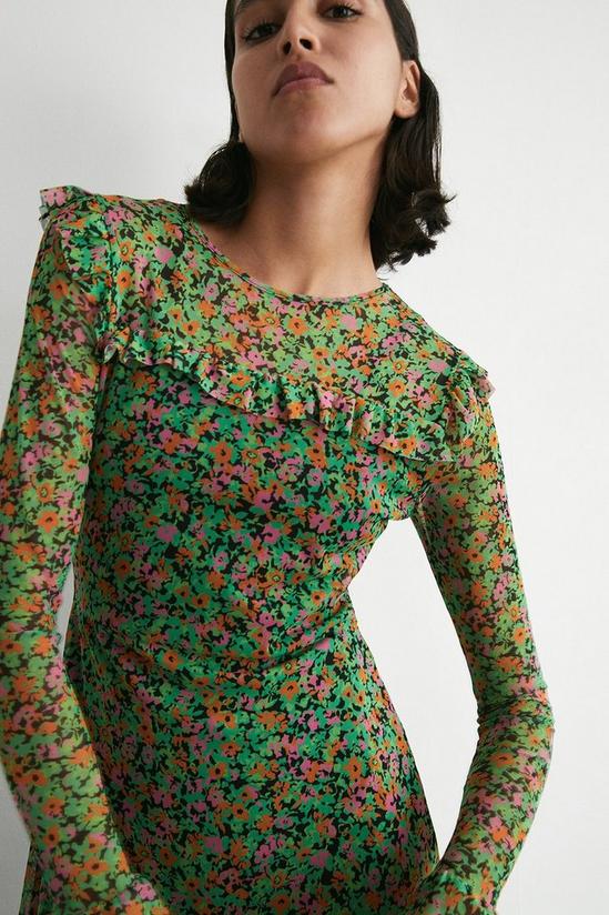 Warehouse Floral Mesh Ruffle Yoke Long Sleeve Midi Dress 2