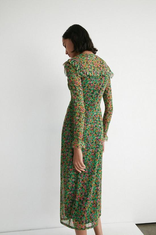 Warehouse Floral Mesh Ruffle Yoke Long Sleeve Midi Dress 3