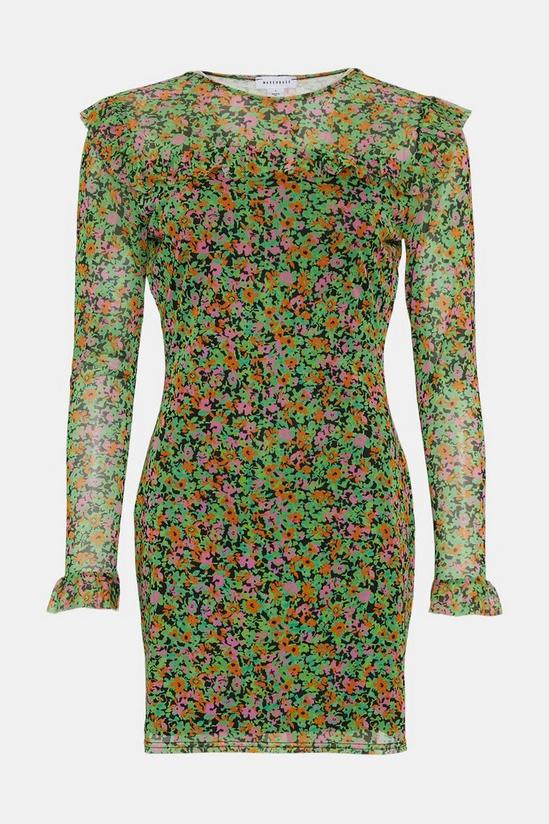 Warehouse Floral Mesh Ruffle Yoke Long Sleeve Mini Dress 4