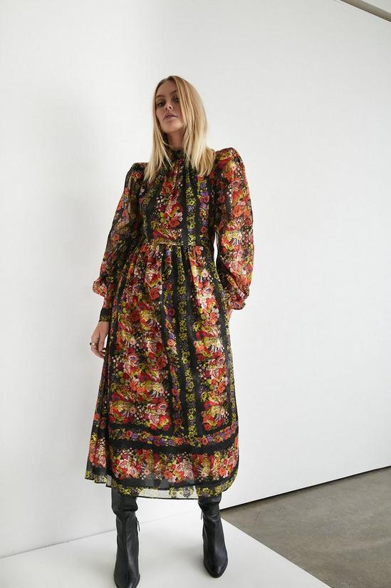 Warehouse Border Print Chiffon Jacquard Midi Dress 1