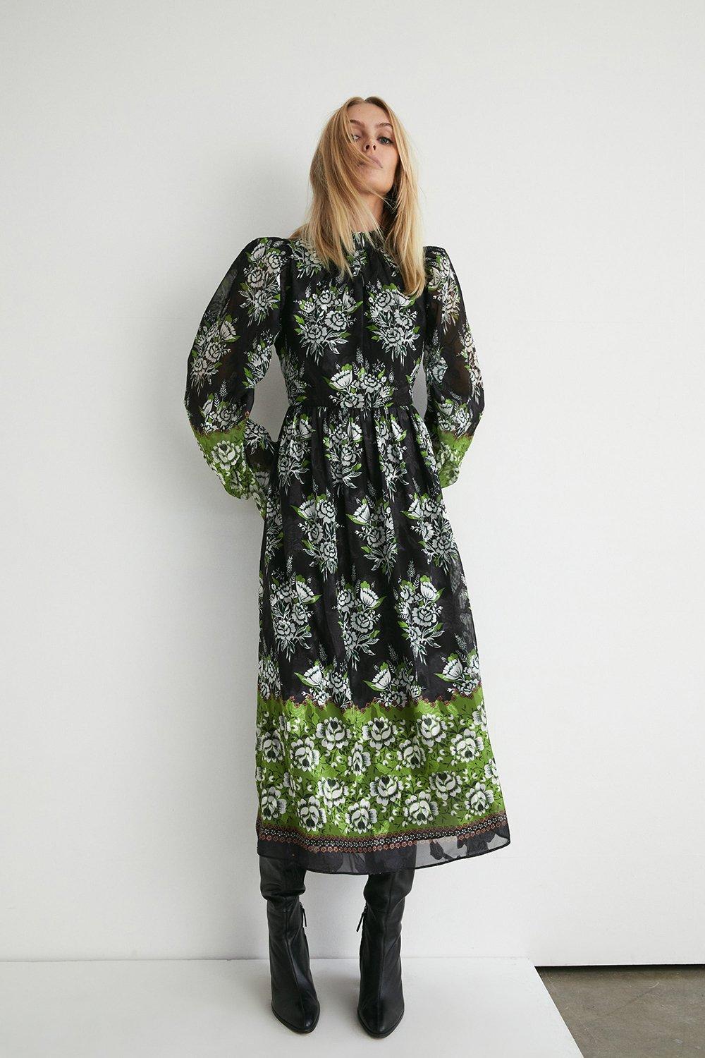 Womens Border Print Chiffon Jacquard Midi Dress - green