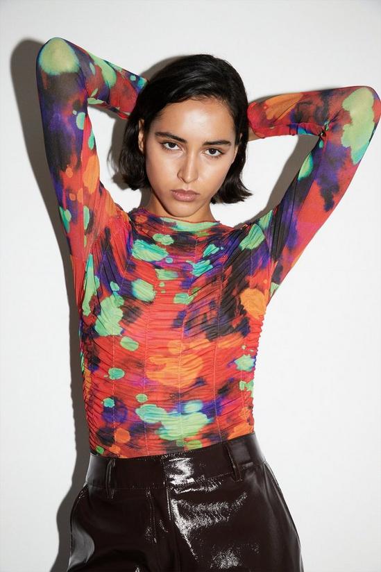 Warehouse Abstract Print All Over Ruched Mesh Top 1