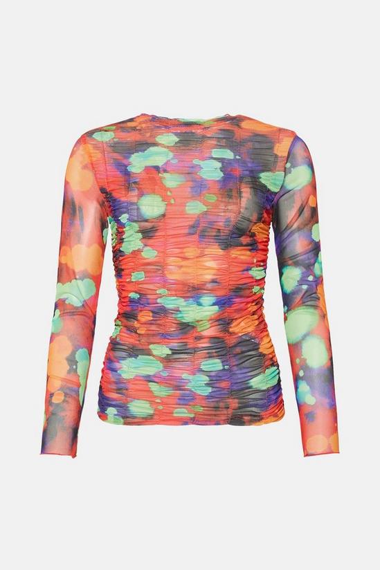 Warehouse Abstract Print All Over Ruched Mesh Top 4