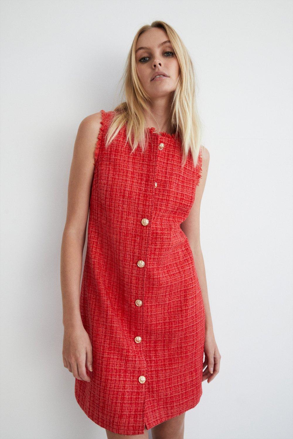 Womens Tweed Button Detail Shift Dress - red
