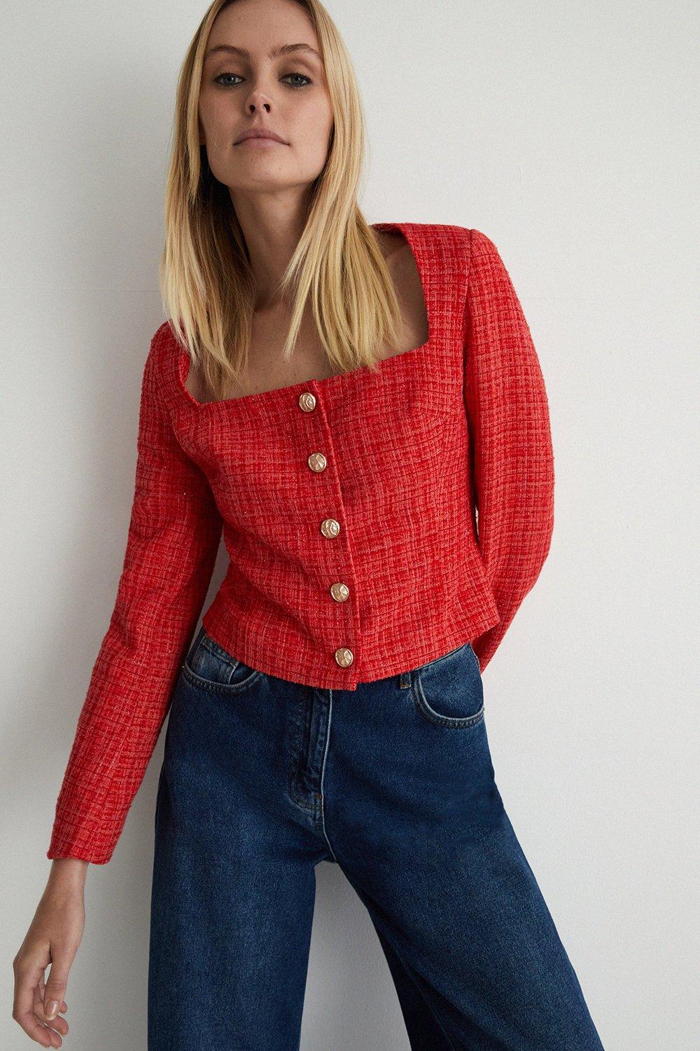 Womens Tweed Square Neck Jacket - red
