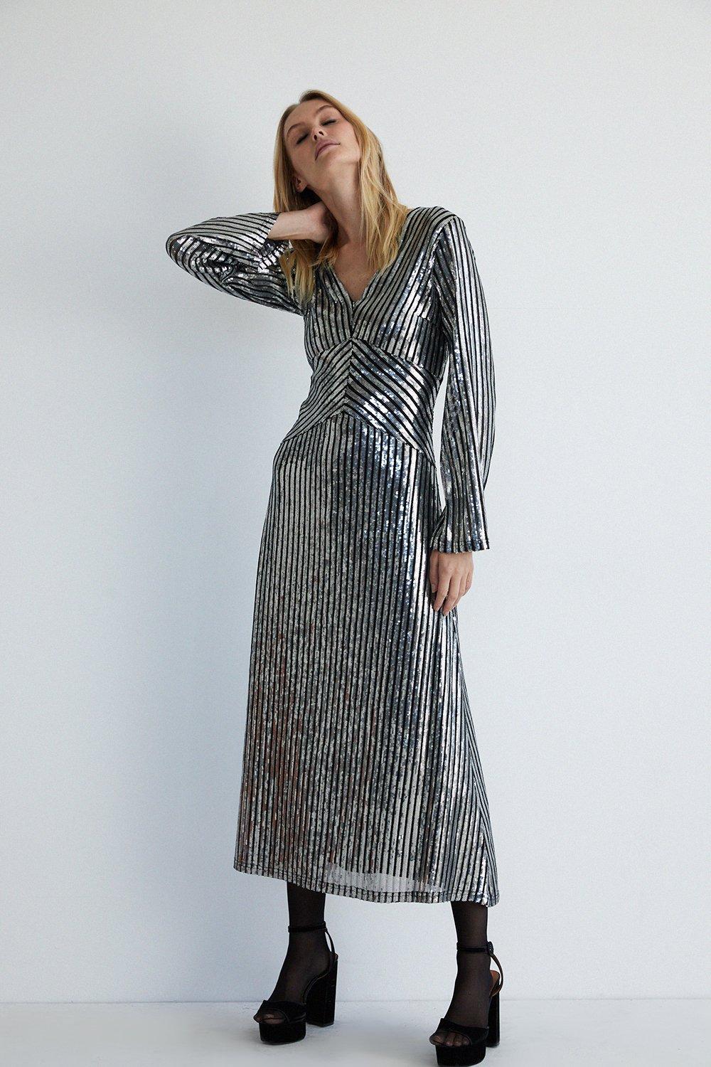 Womens Sequin Stripe Plunge Maxi Dress - silver