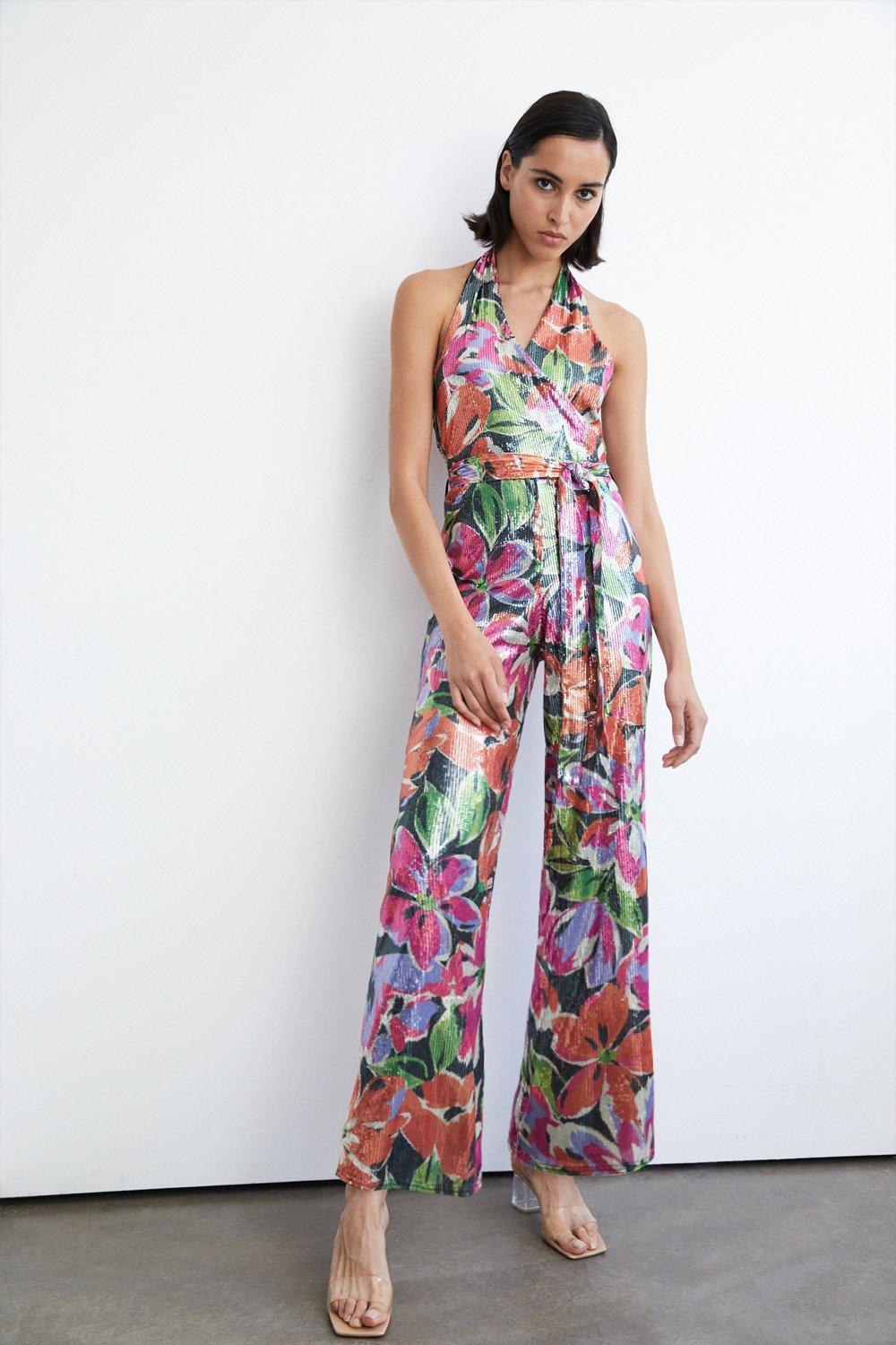 Jumpsuits | Printed Sequin Halter Neck Wrap Jumpsuit | Warehouse