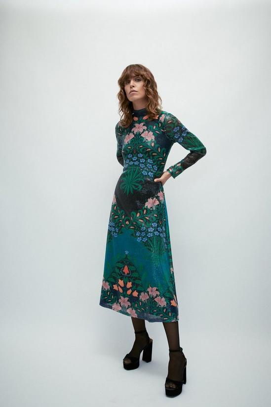 Warehouse WH x William Morris Society Printed Sequin Funnel Neck Midi Dress 1