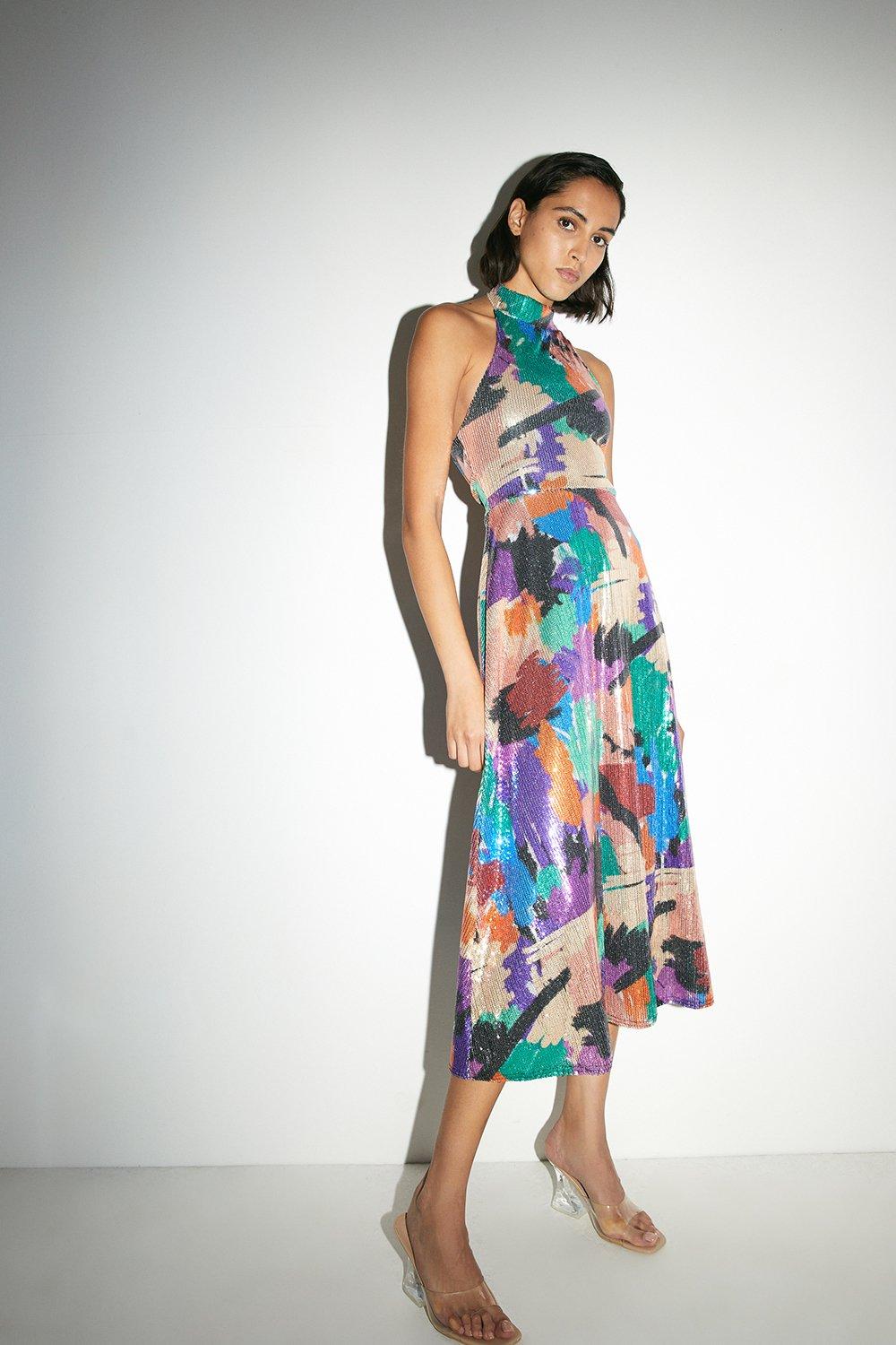 Womens Printed Sequin Halter Neck Midi Dress - multi