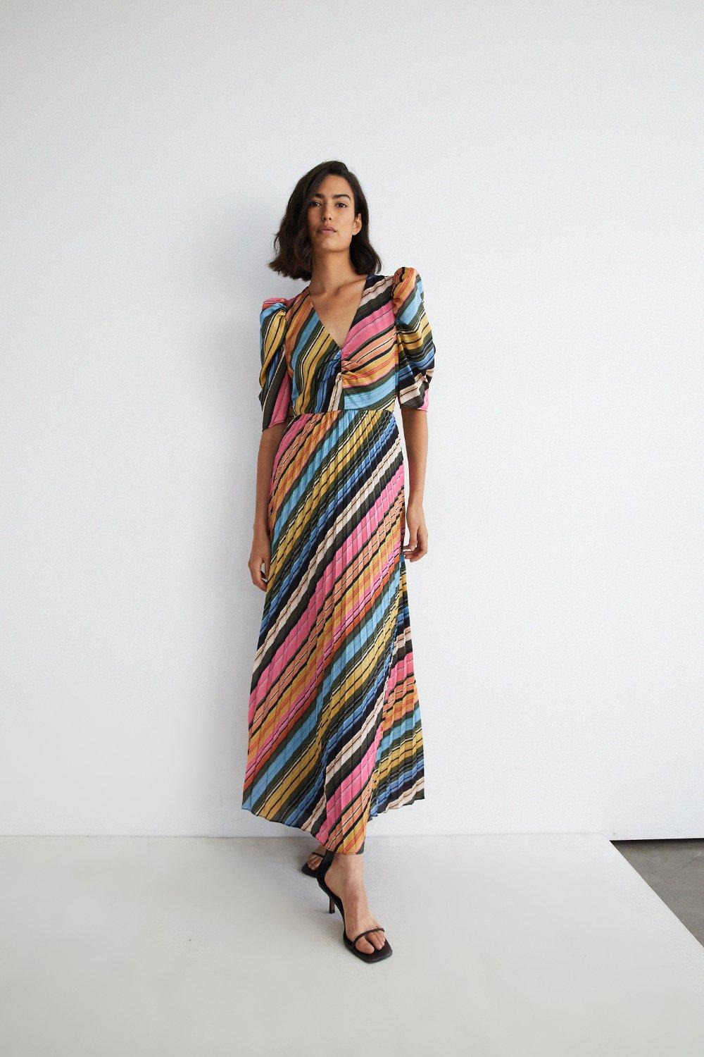 Womens Stripe V Neck Pleated Maxi Dress - multi