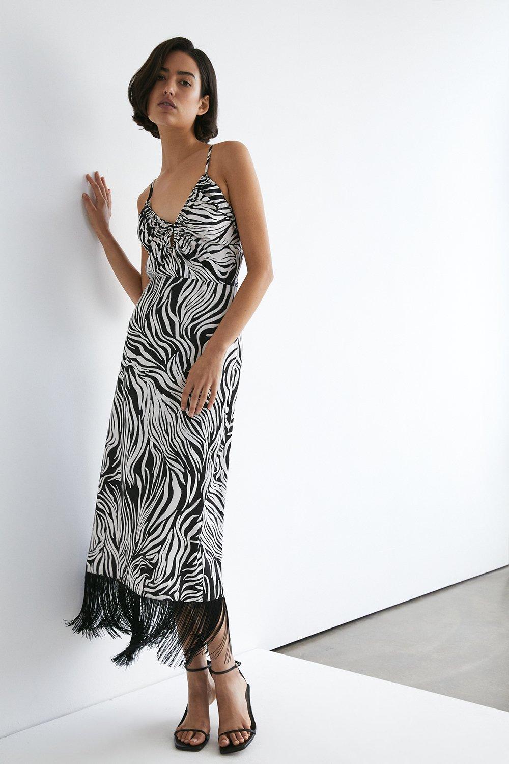 Womens Zebra Print Strappy Fringing Midi Dress - mono