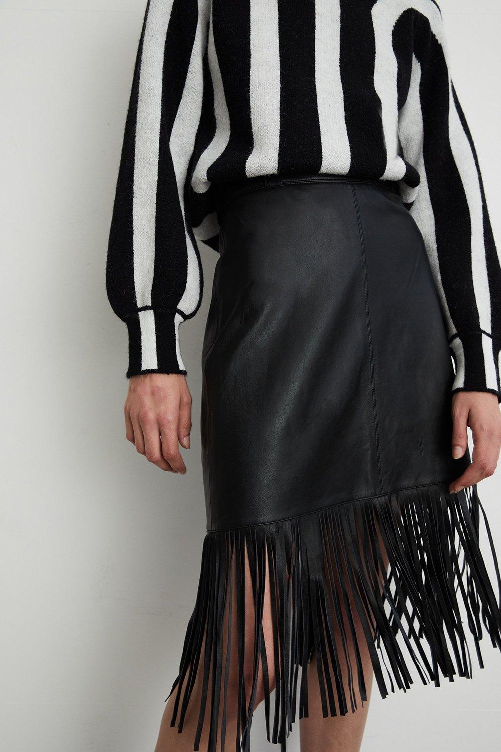 Black leather fringe skirt xl sale