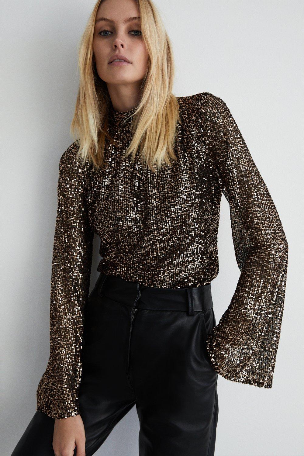 Tops | Drapey Sequin Flare Sleeve Funnel Neck Top | Warehouse