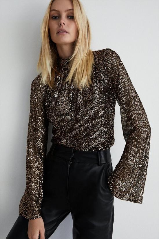Warehouse Drapey Sequin Flare Sleeve Funnel Neck Top 1