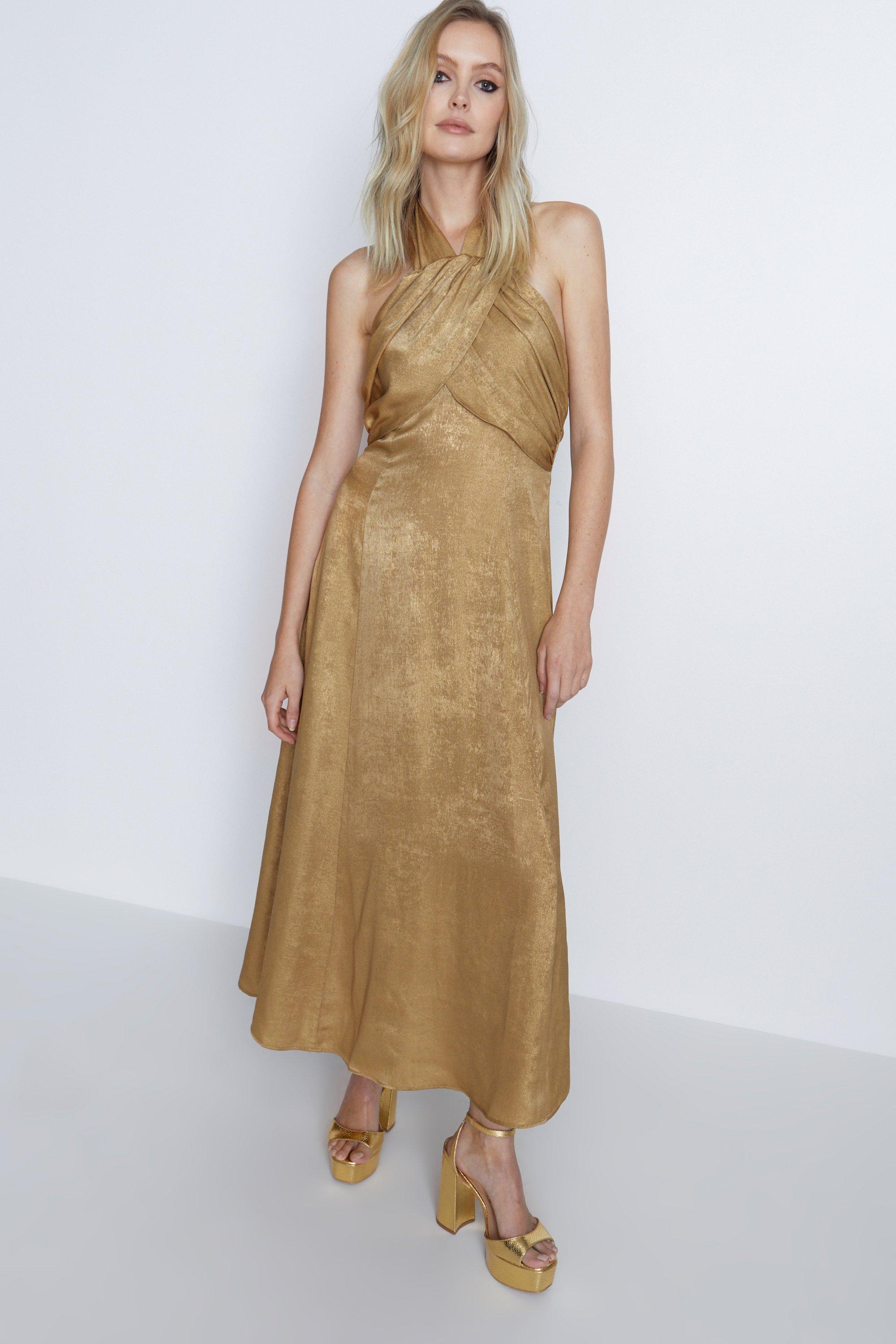 Womens Lame Halter Neck Midi Dress - gold