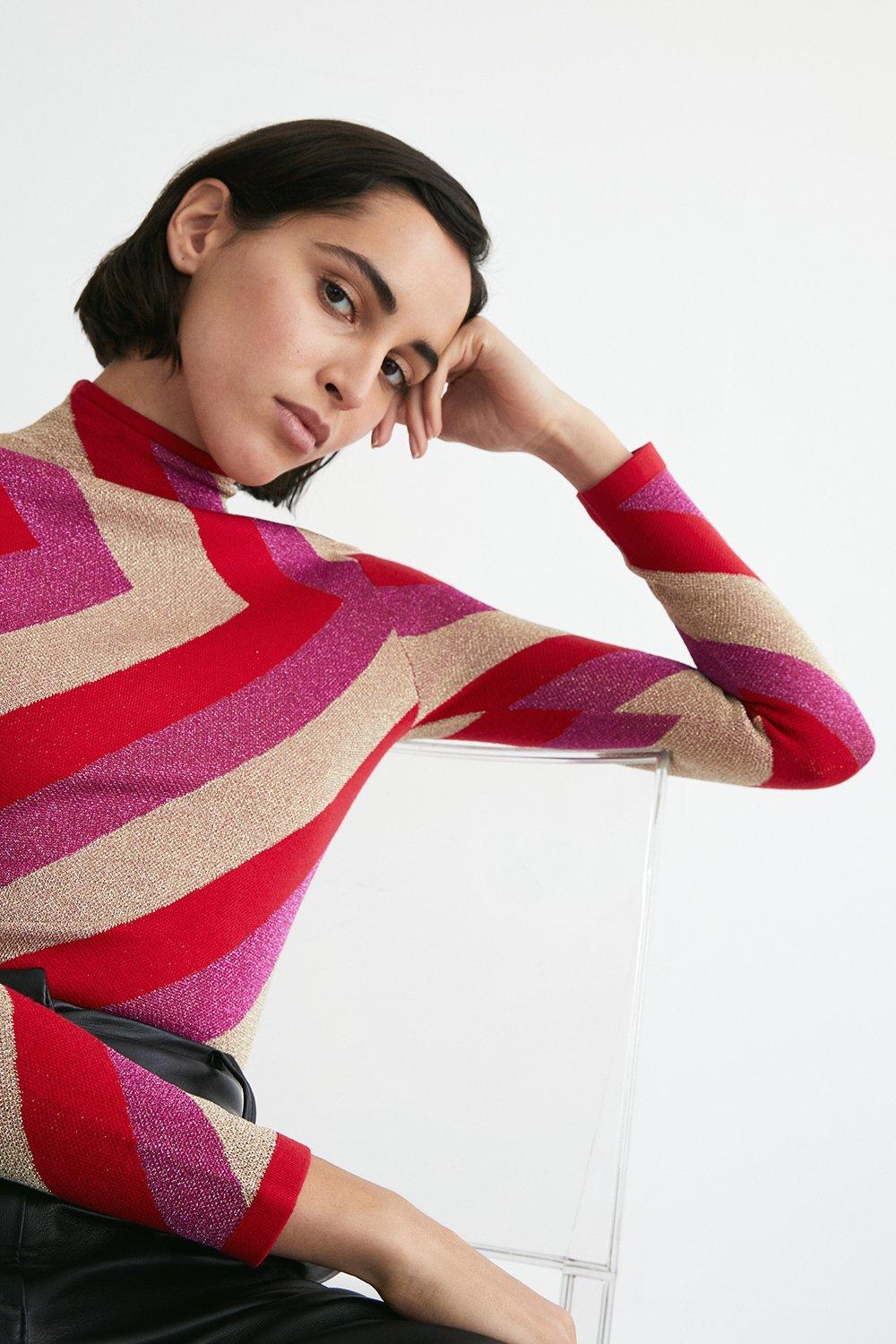 Womens Diagonal Metallic Stripe Knit Top - pink