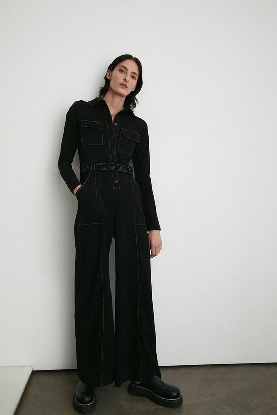 Warehouse Petite Topstitch Jersey Crepe Belted Jumpsuit 1