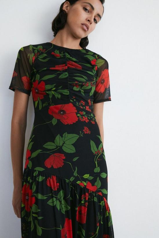 Warehouse Floral Mesh Ruched Drop Tiered Midi Dress 2