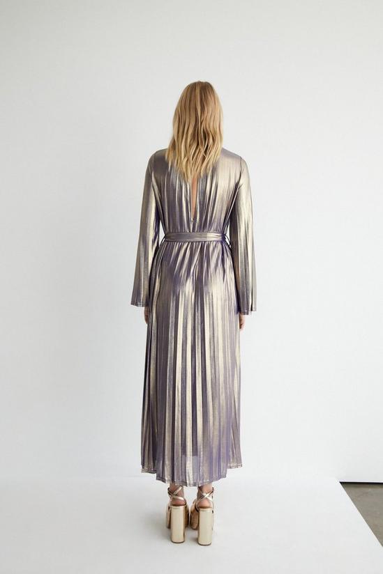 Warehouse Petite Metallic Lame Pleated Belted Midi Dress 3