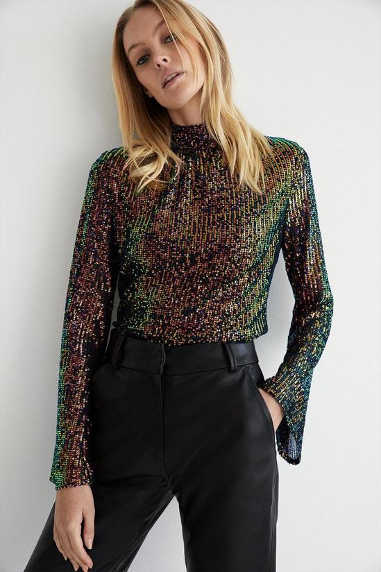 Warehouse Drapey Iridescent Sequin Flare Sleeve Funnel Neck Top 1