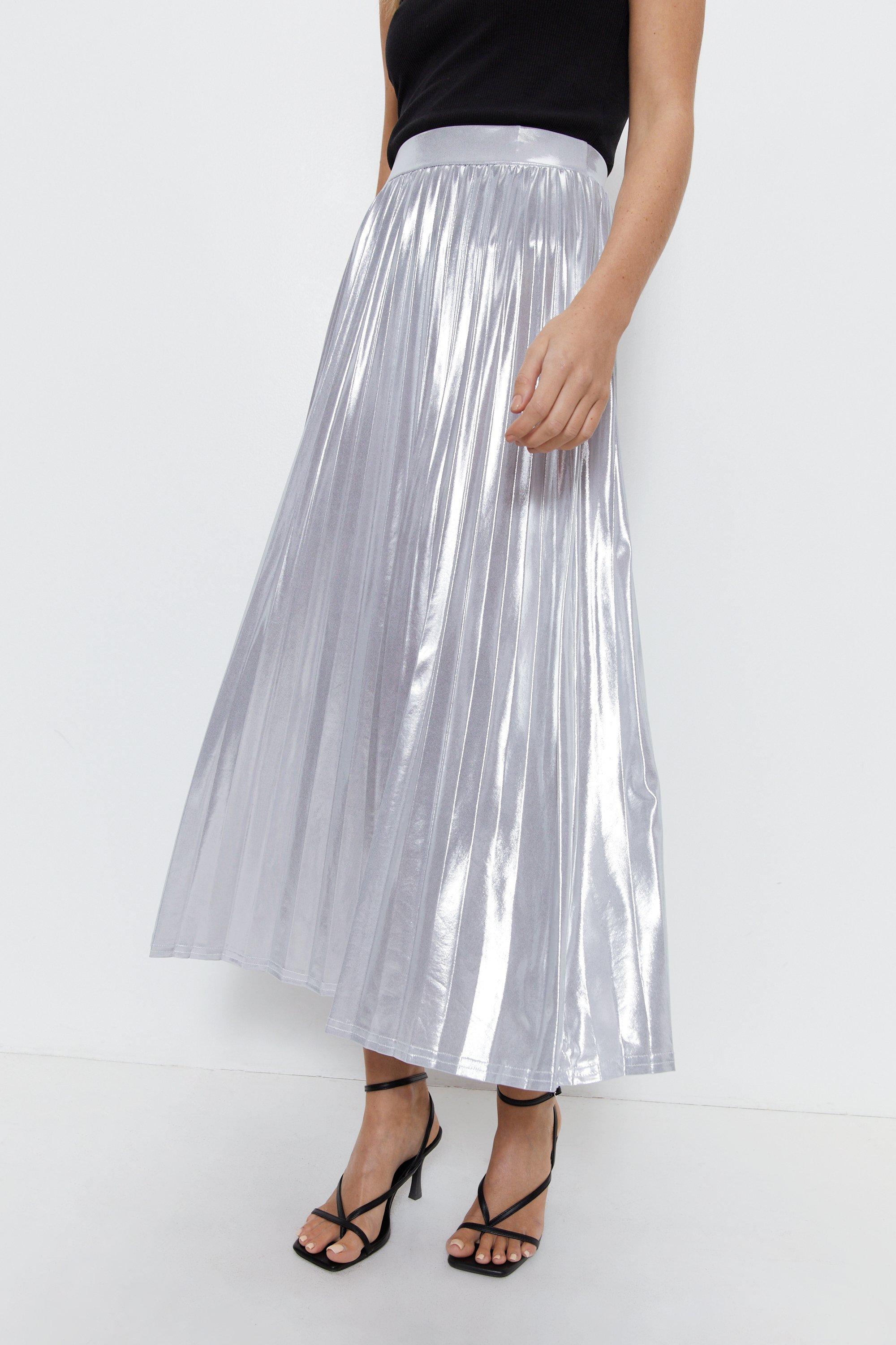 Warehouse metallic pleated midi skirt black sale