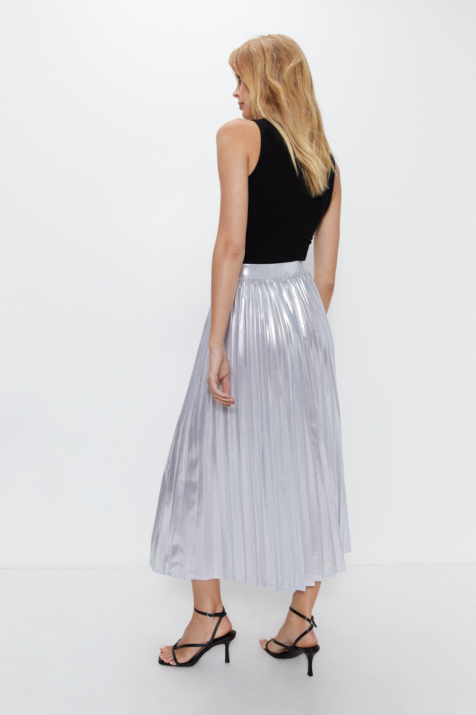 Warehouse metallic pleated outlet midi skirt black