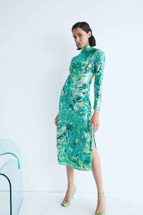 Warehouse WH x Kimberley Burrows Printed Sequin Funnel Midi Dress 1