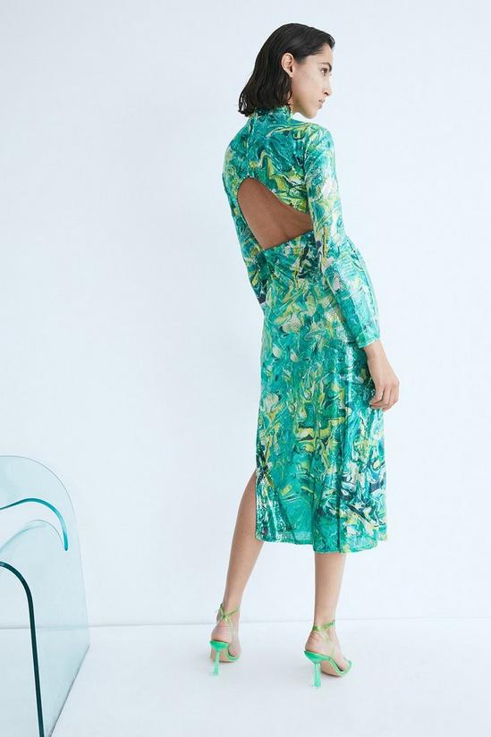 Warehouse WH x Kimberley Burrows Printed Sequin Funnel Midi Dress 3